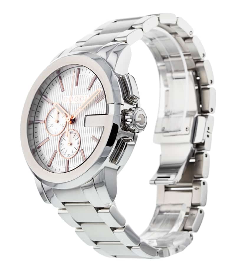 Side angle view of Gucci G-Chrono watch showing stainless steel bracelet and chronograph pushers