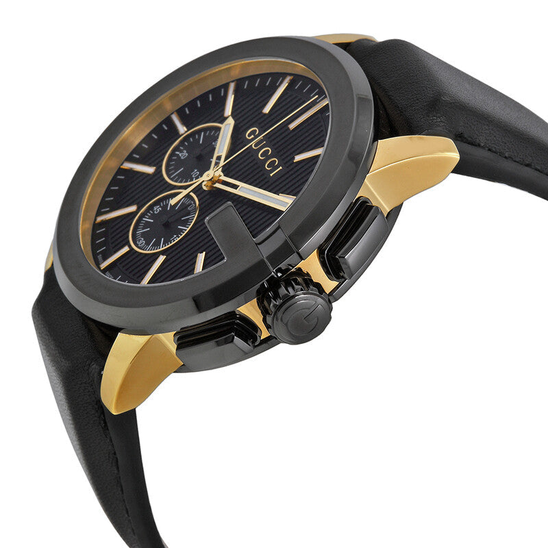 Gucci G-Chrono XL chronograph watch with gold-tone case, black dial, and black leather strap
