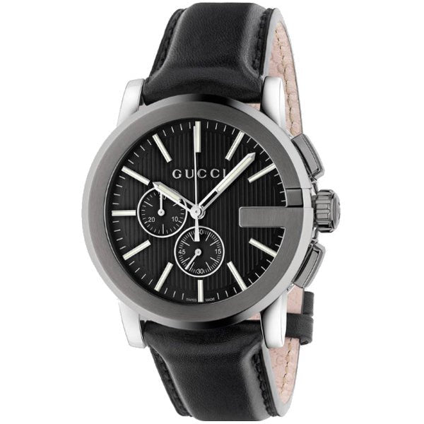 Gucci G-Chrono watch angled view showing black dial with dual chronograph subdials