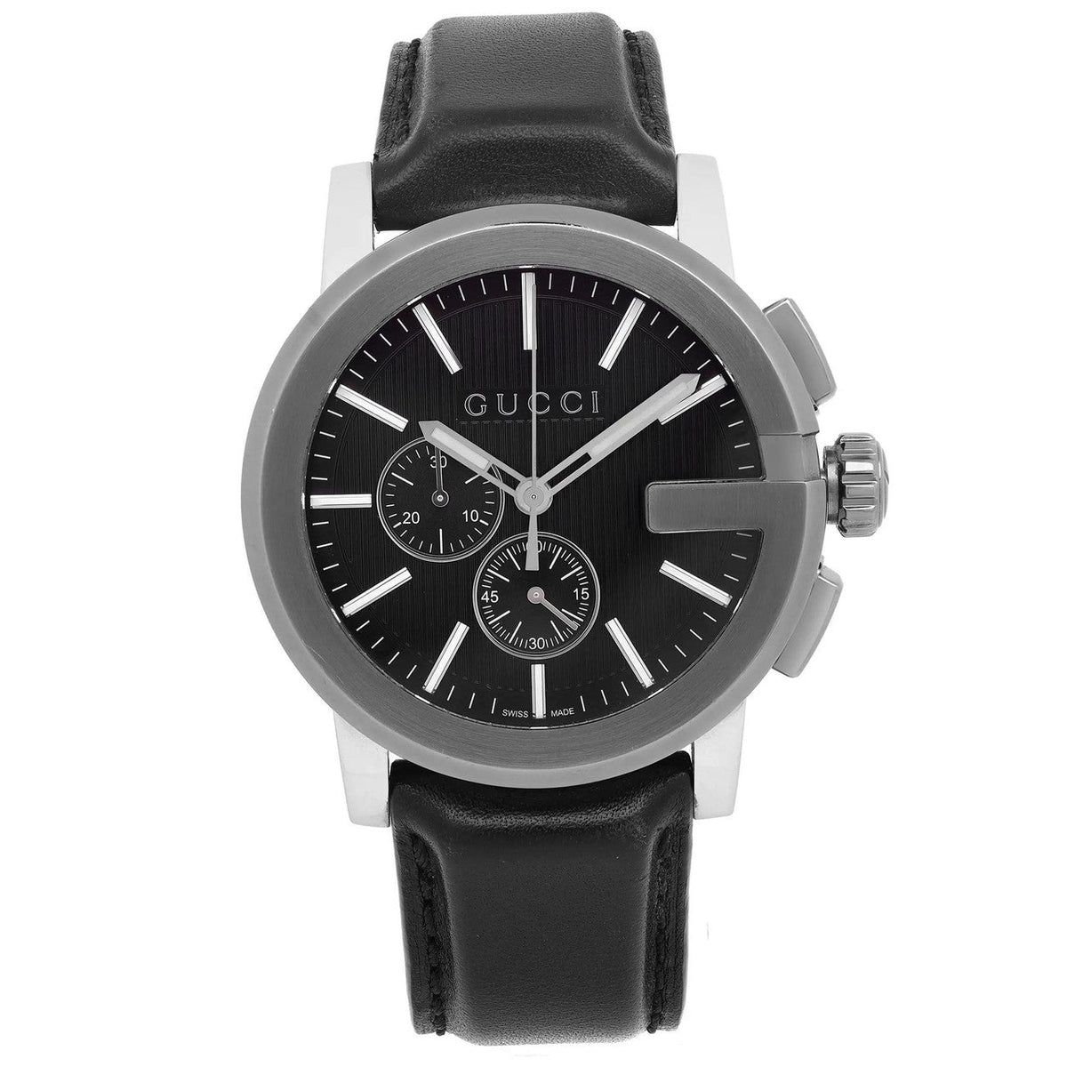 Gucci G-Chrono chronograph watch with black dial and black leather strap
