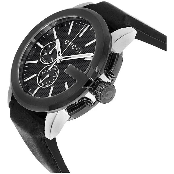 Gucci G-Chrono watch on wrist showing black dial and leather strap