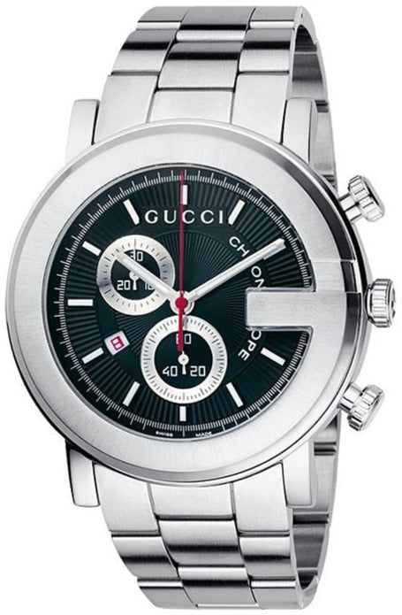 Gucci G-Chrono watch three-quarter view showing chronograph subdials and stainless steel case