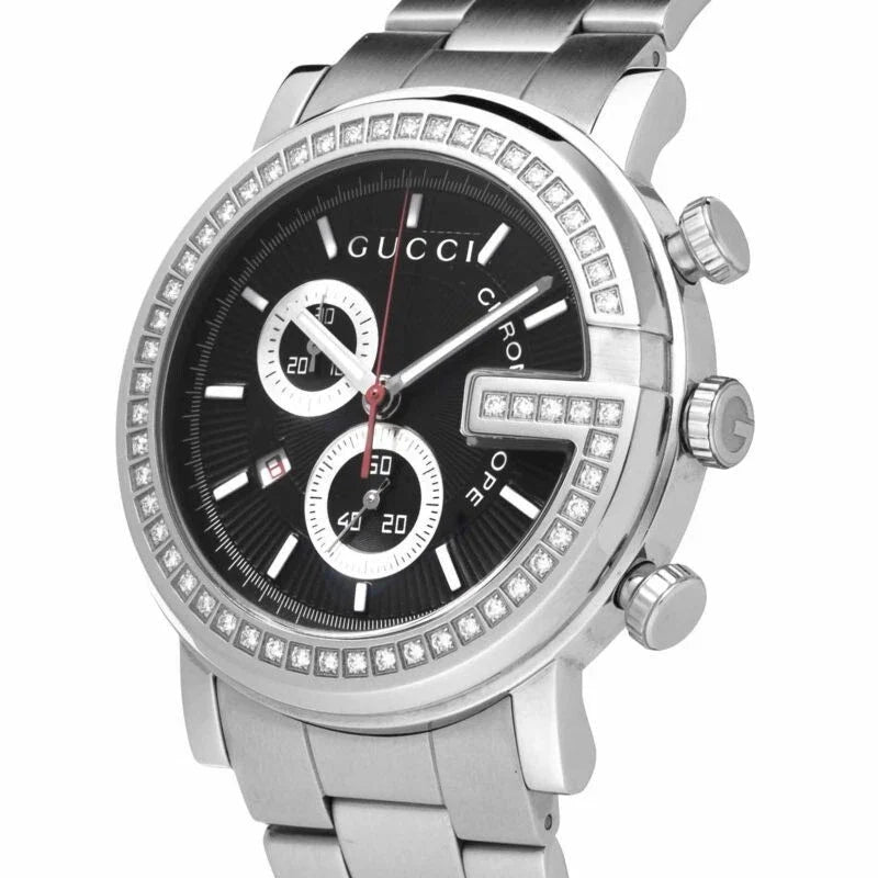 Gucci G Chrono Diamonds Black Dial Silver Steel Strap Watch For Men - YA101324