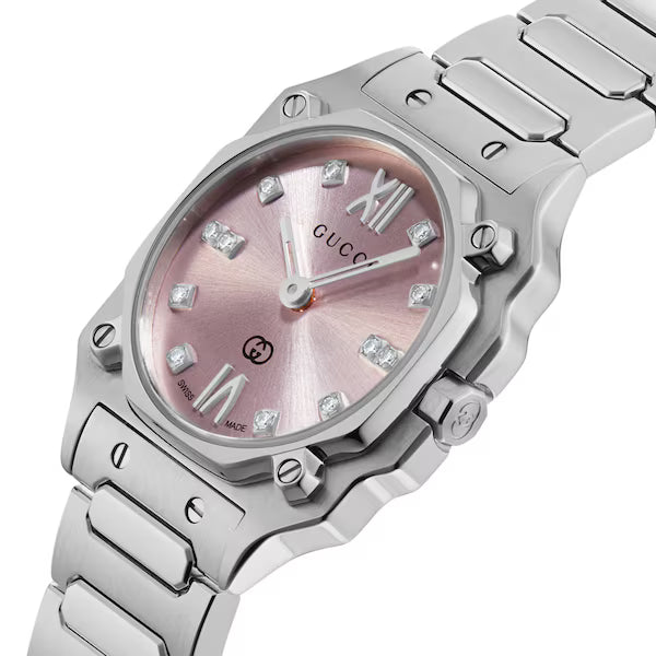 Gucci G-Flat Diamond Accent Pink Dial Stainless Steel Bracelet Women's Watch - YA166501