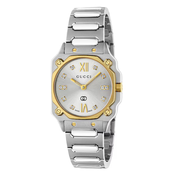 GUCCI G-Flat women's watch with silver dial, gold bezel, diamond hour markers, and two-tone steel bracelet