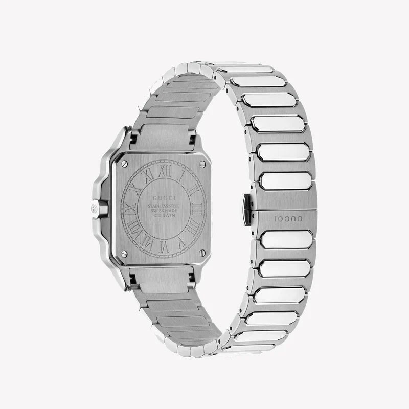 Gucci G-Flat watch case back and stainless steel bracelet detail
