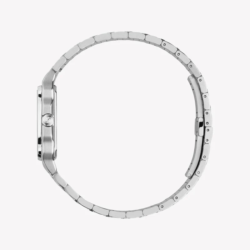 Stainless steel bracelet side view of Gucci G-Flat women's watch