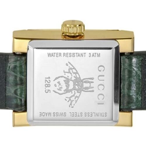 Gucci G Frame caseback engraved with Gucci logo, water resistant 3 ATM marking
