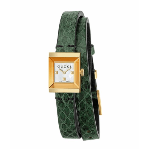 Gucci G Frame watch with gold square case, mother of pearl dial, and green leather wrap strap