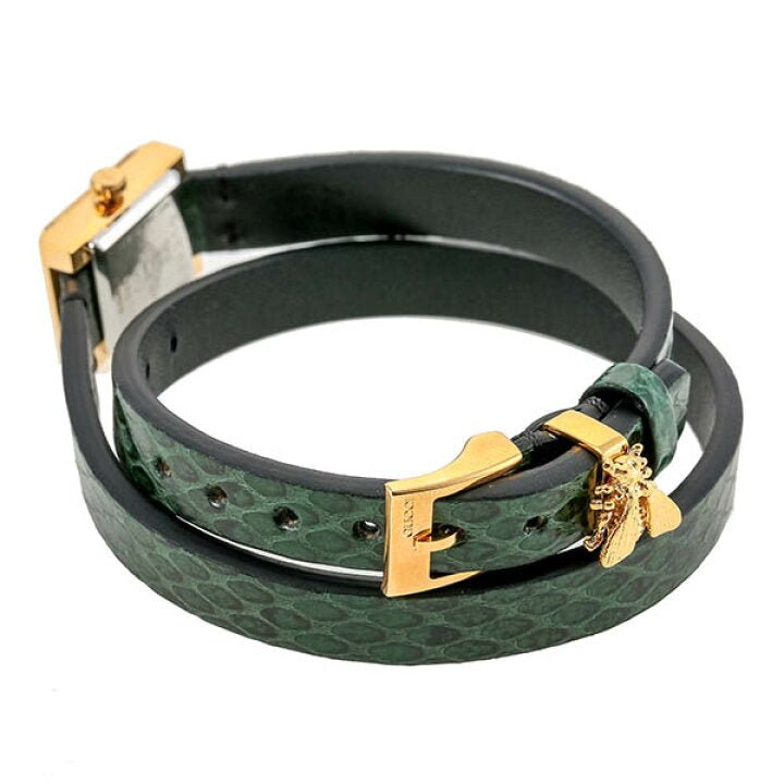 Gucci G Frame wrap strap showing green quilted leather with black inner strap and gold buckle