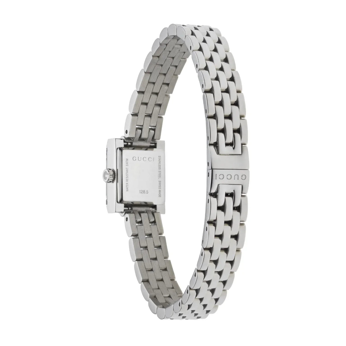 Gucci G-Frame ladies watch with stainless steel bracelet strap, side view
