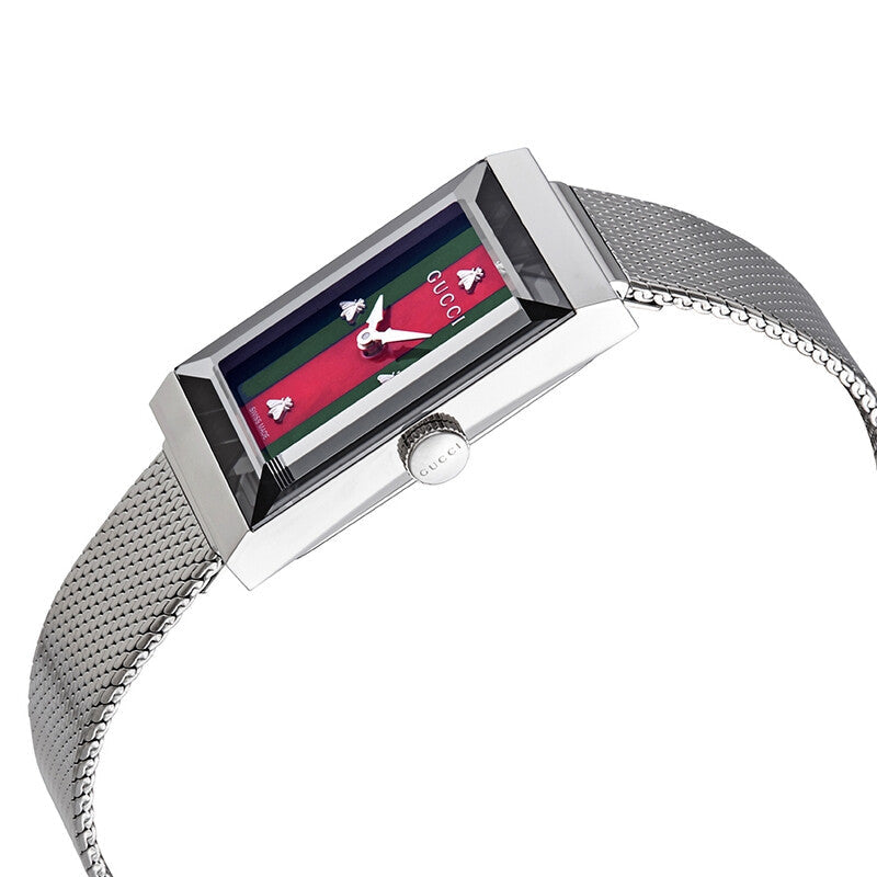 Gucci G-Frame watch at angle showing green and red striped dial with bee motifs and mesh strap