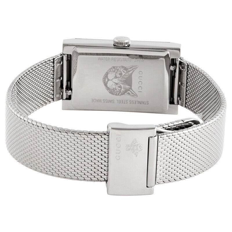 Gucci G-Frame caseback showing stainless steel with Gucci branding and mesh strap attachment
