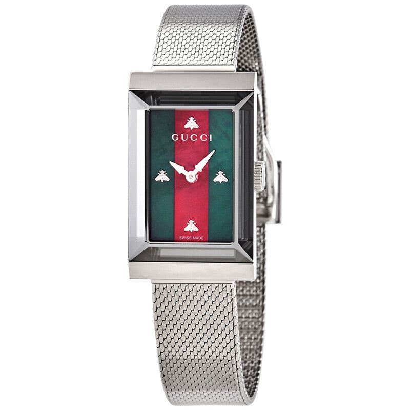 Gucci G-Frame ladies watch with green and red web mother of pearl dial and stainless steel mesh strap