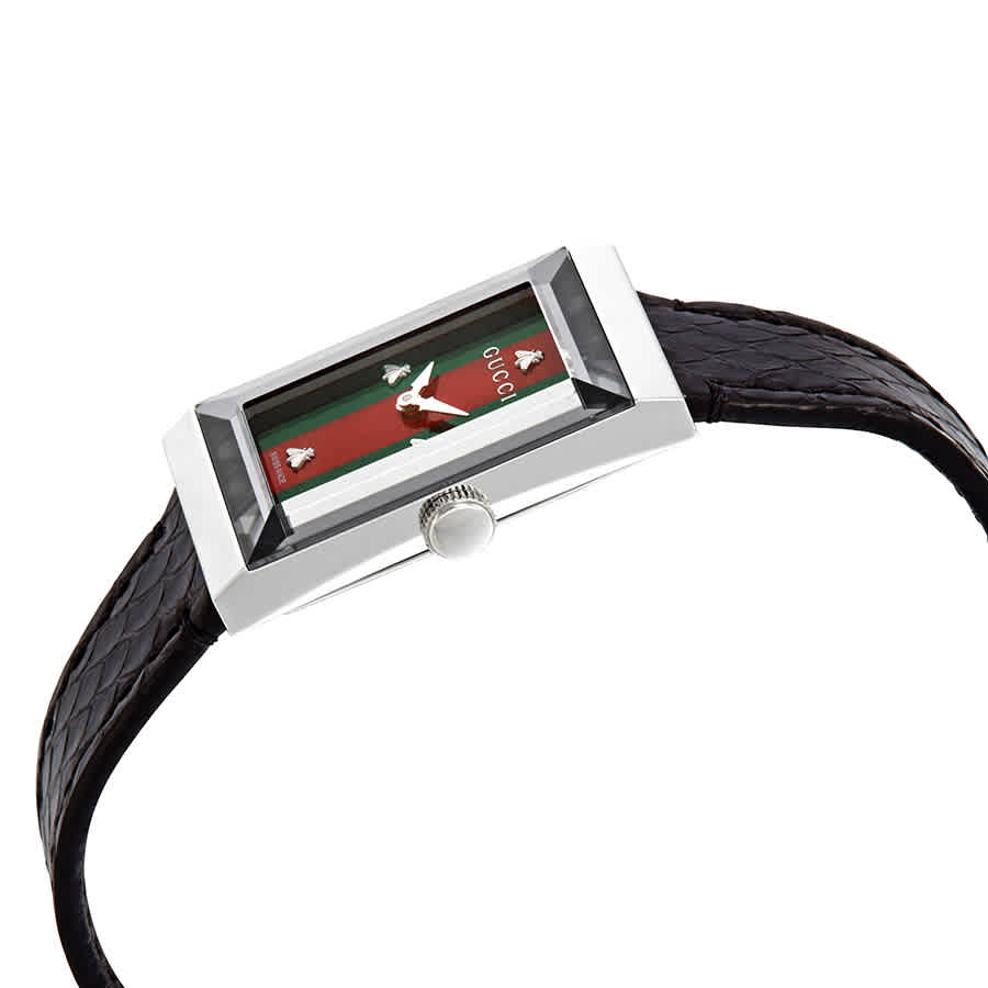 Gucci G-Frame ladies watch at angle showing rectangular case and black crocodile strap