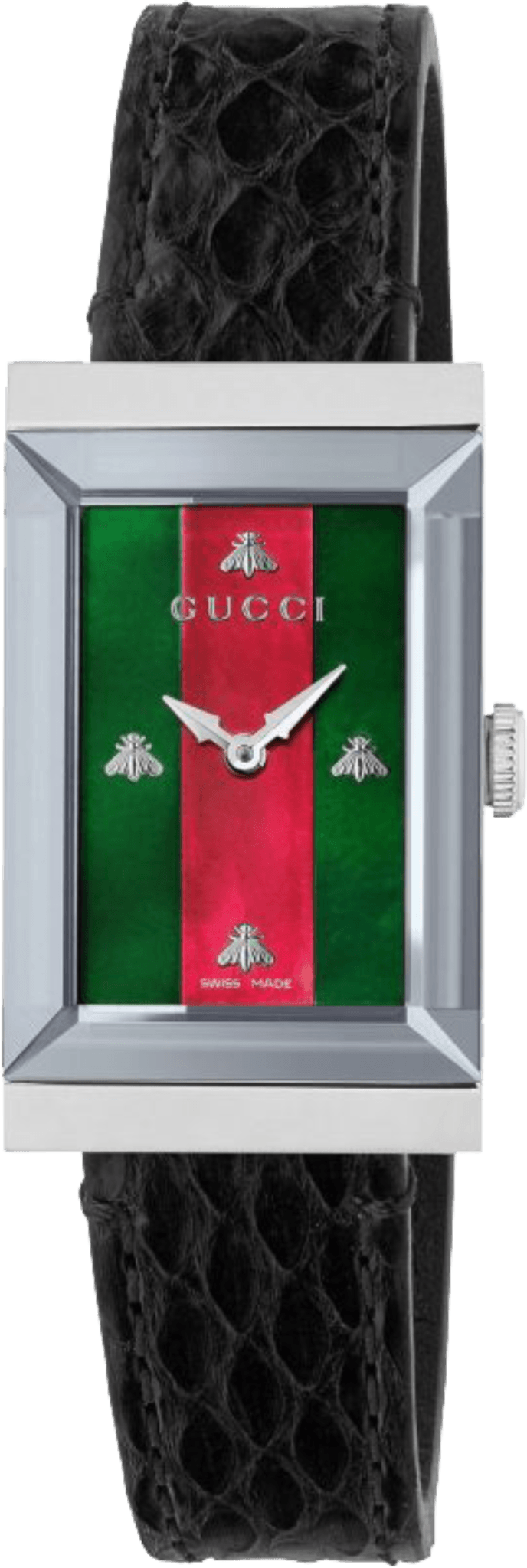 Gucci G-Frame watch with mother of pearl dial, stainless steel case, and black leather strap