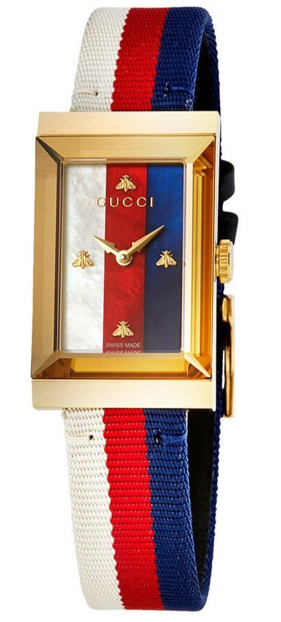 Gucci G-Frame gold rectangular watch with white, red and navy striped nylon strap and mother of pearl dial