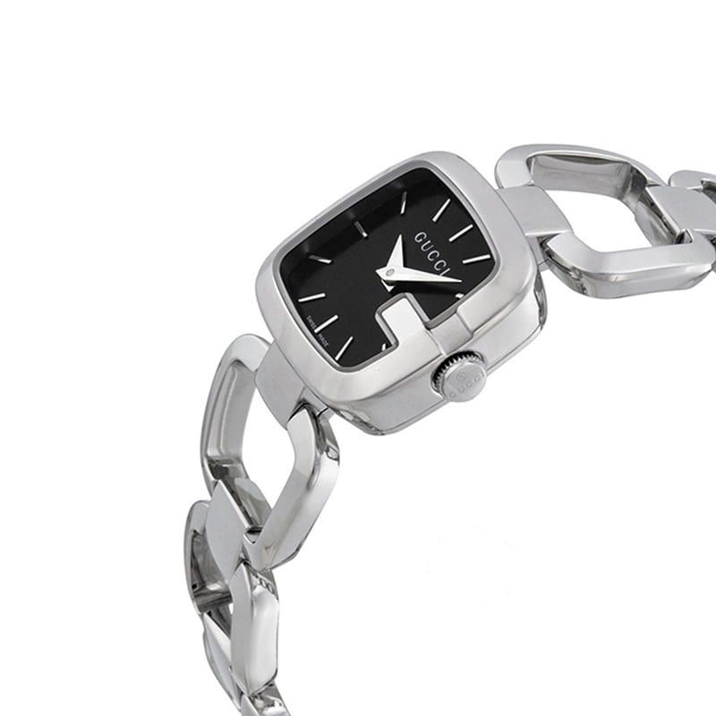 Gucci G-Gucci watch angled view showing square case and bracelet