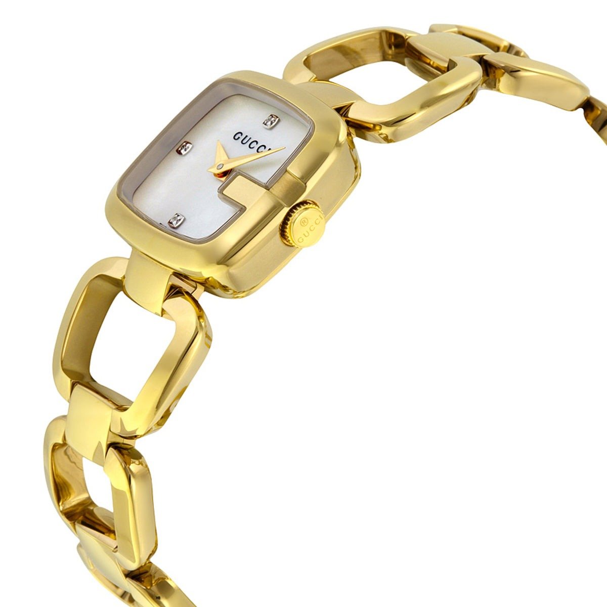 Gucci G-Gucci Diamonds watch on wrist angle view showing dial and yellow gold bracelet