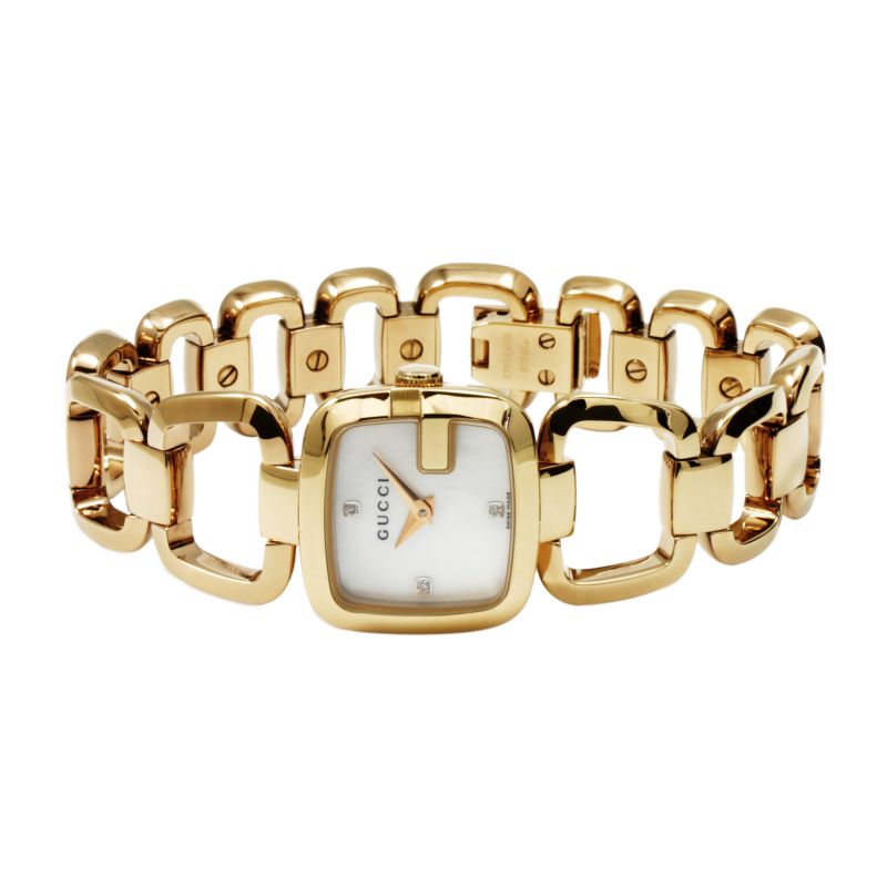 Gucci G-Gucci Diamonds women's watch face with mother of pearl dial and diamond hour markers
