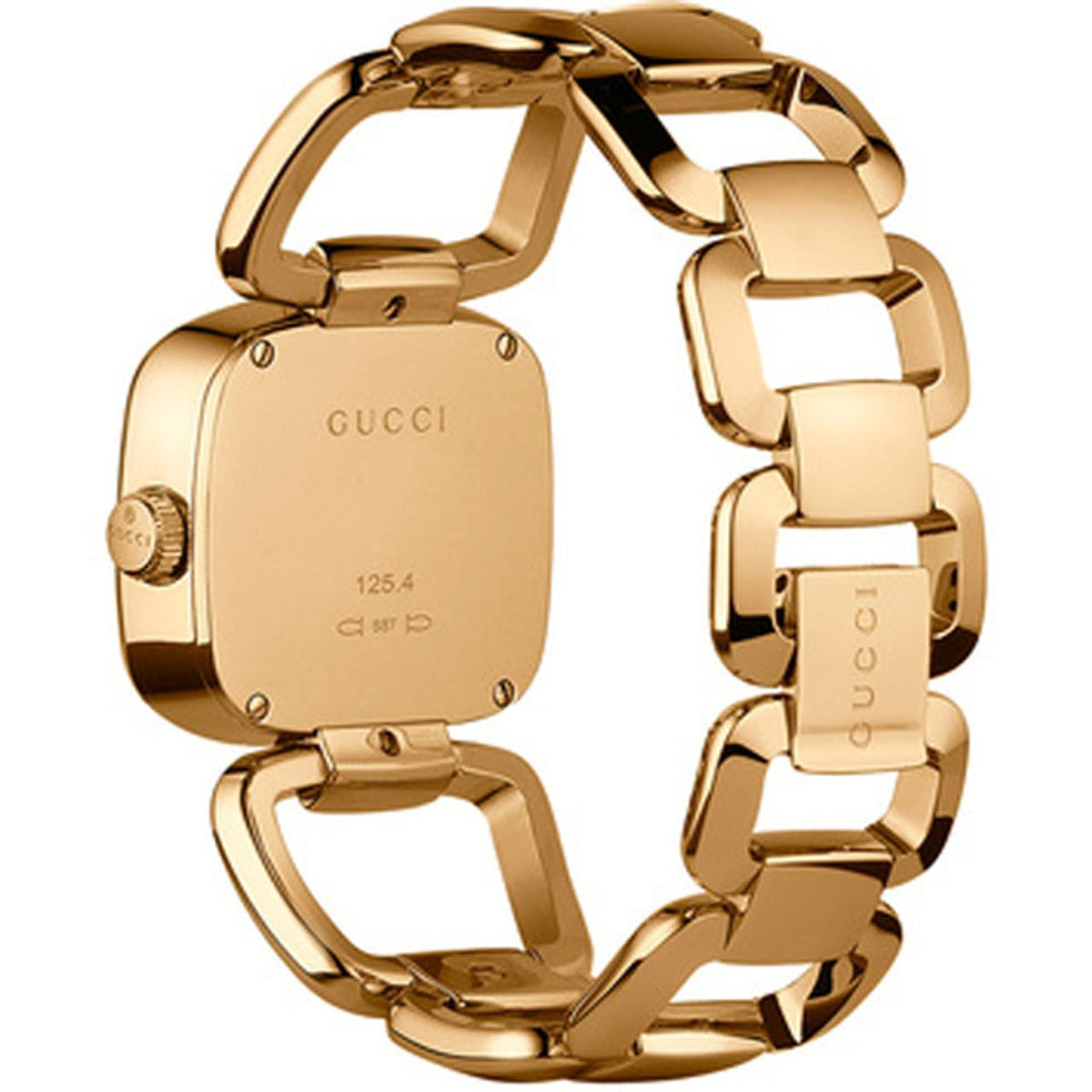 Gucci G-Gucci Diamonds women's watch side profile showing yellow gold case and strap