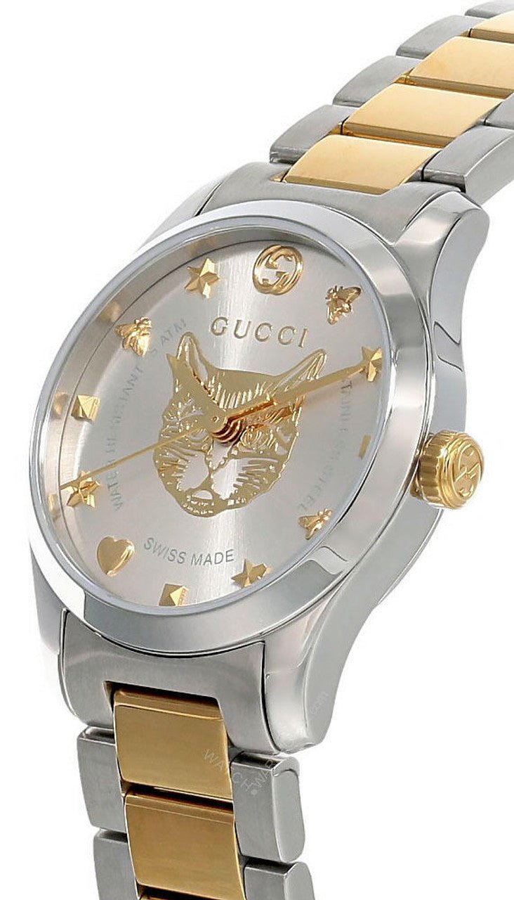 Gucci G-Timeless 38mm two-tone watch angled view with bee dial and band