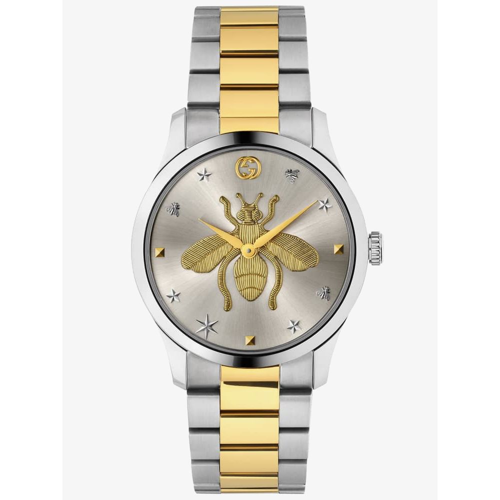 Gucci G-Timeless 38mm two-tone watch with gold bee and mixed metal bracelet