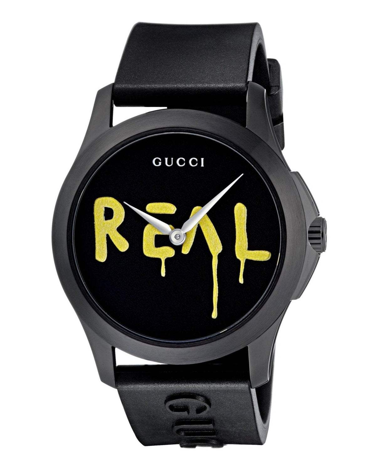 Gucci G Timeless Ghost black watch face with yellow REAL lettering and hands