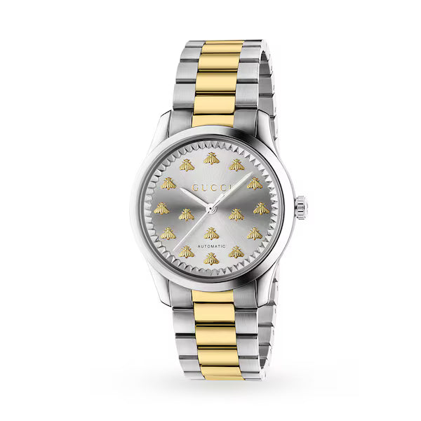 Gucci G-Timeless multibee automatic women's watch with two-tone stainless steel and gold bracelet, bee-patterned dial