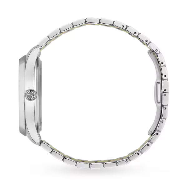Gucci G-Timeless multibee women's watch side view showing two-tone stainless steel and gold bracelet