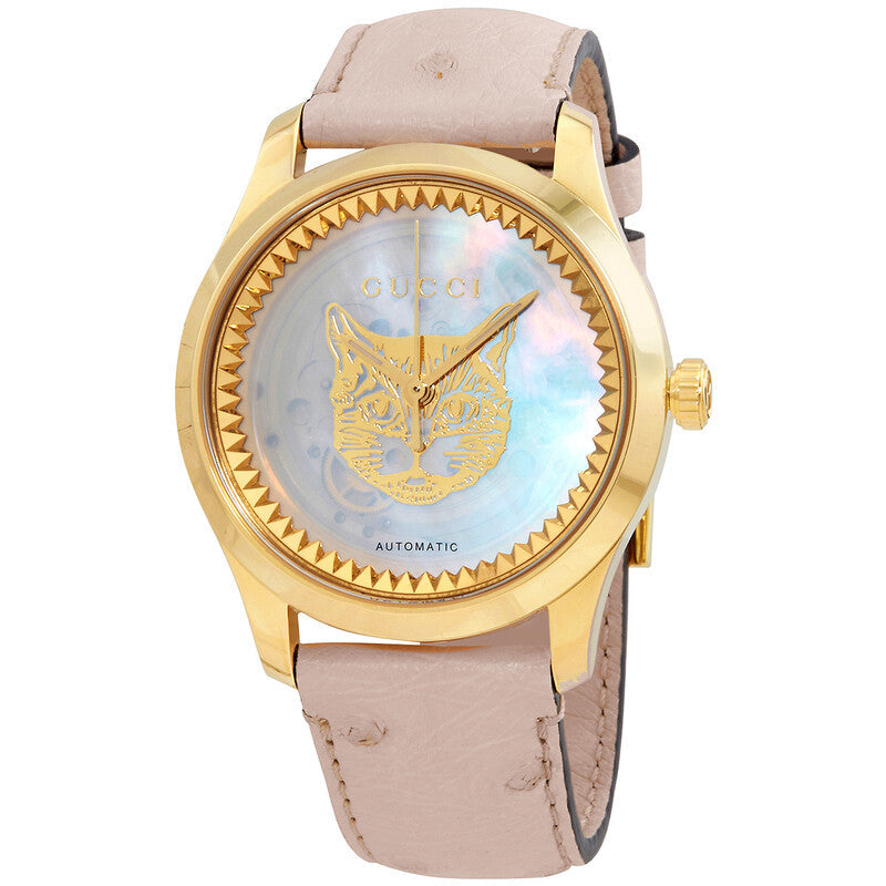 Gucci G Timeless Skeleton 16K Gold Mother of Pearl Dial Pink Leather Strap Watch For Women - YA1264110