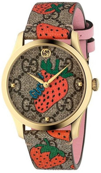 Gucci G-Timeless Strawberry Leather Strap Women's Watch YA1264133