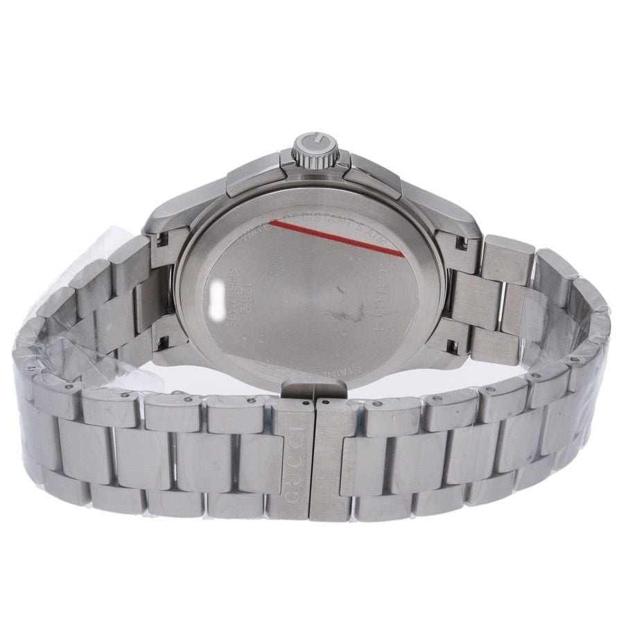 Gucci G-Timeless chronograph watch case back view with metal bracelet