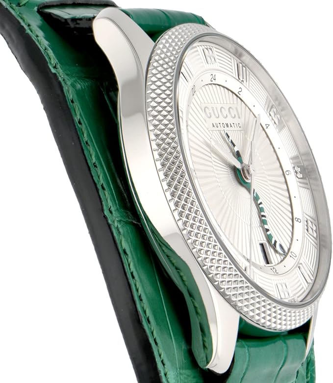 Side view of Gucci G-Timeless automatic watch showing white dial and textured bezel