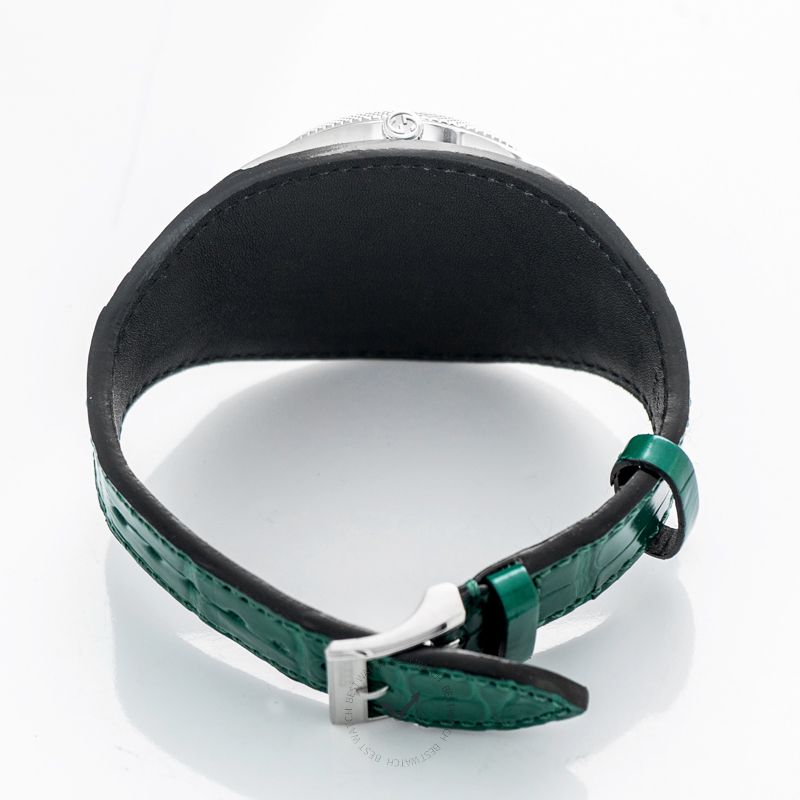 Green crocodile-embossed leather strap with stainless steel buckle and black suede lining