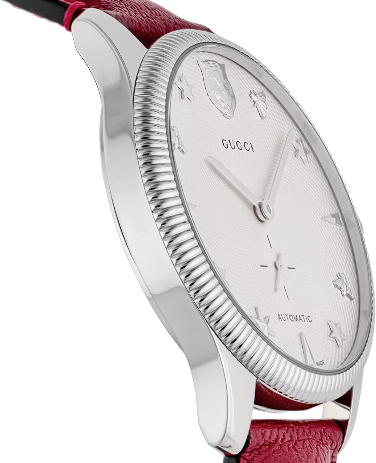 Gucci G-Timeless Automatic Stainless Steel Silver Dial Red Leather Strap Unisex Watch YA126346