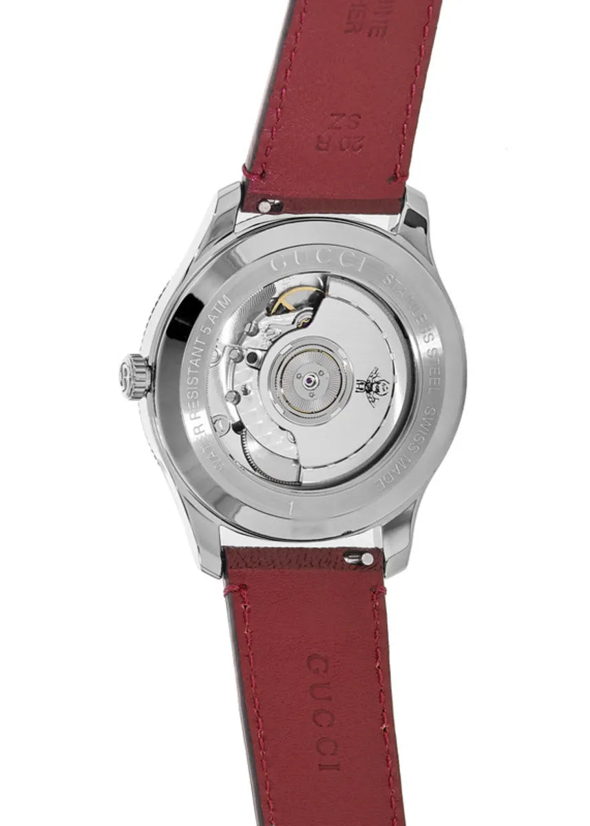 Gucci G-Timeless Automatic Stainless Steel Silver Dial Red Leather Strap Unisex Watch YA126346