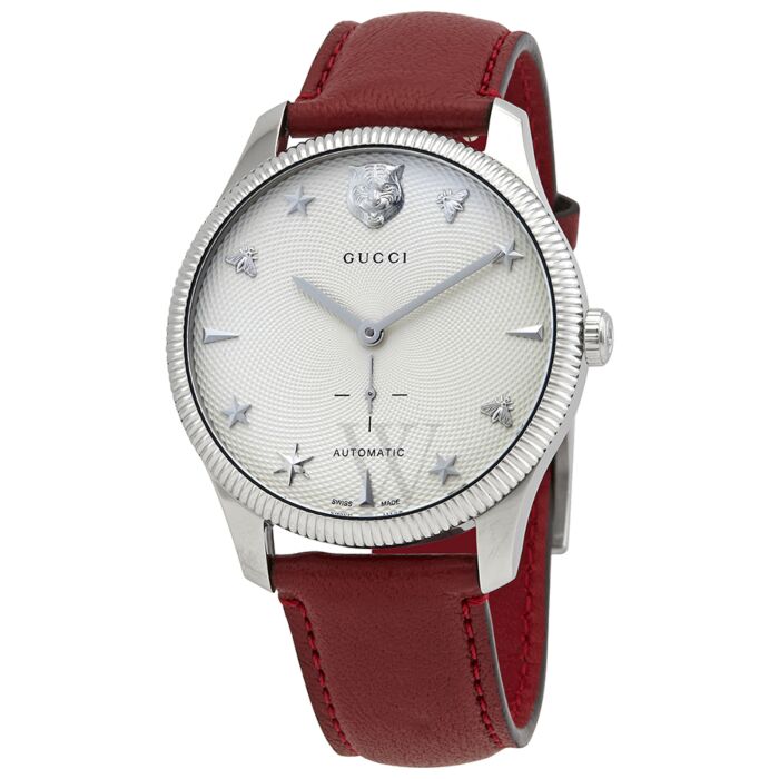 Gucci G-Timeless Automatic Stainless Steel Silver Dial Red Leather Strap Unisex Watch YA126346