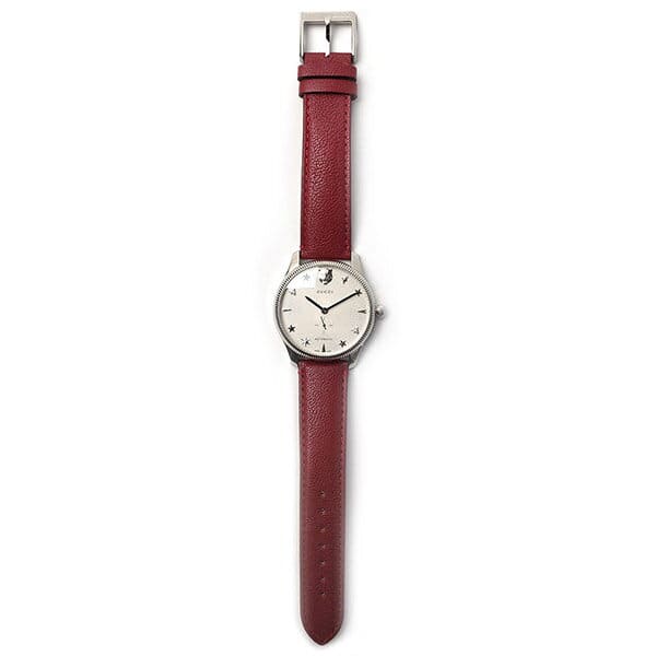 Gucci G-Timeless Automatic Stainless Steel Silver Dial Red Leather Strap Unisex Watch YA126346