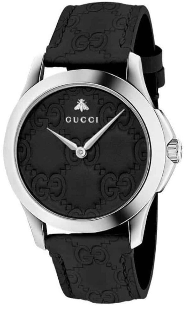 Gucci G Timeless black dial watch with GG embossed leather strap