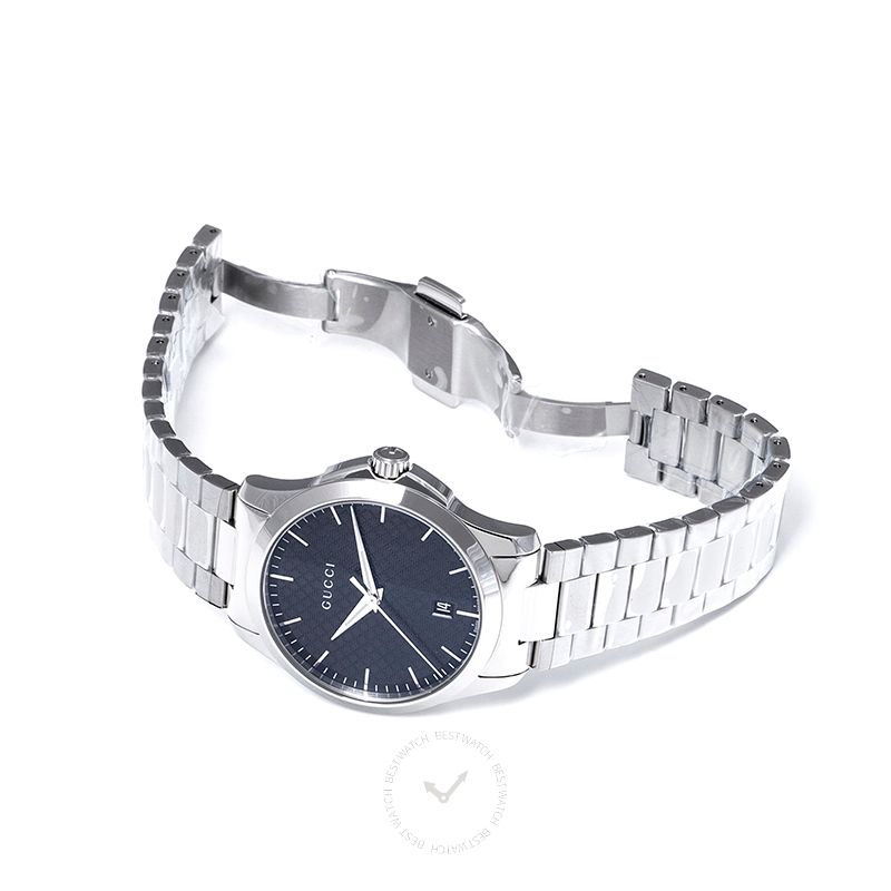Gucci G-Timeless YA1264051 worn on wrist showing black dial and steel bracelet