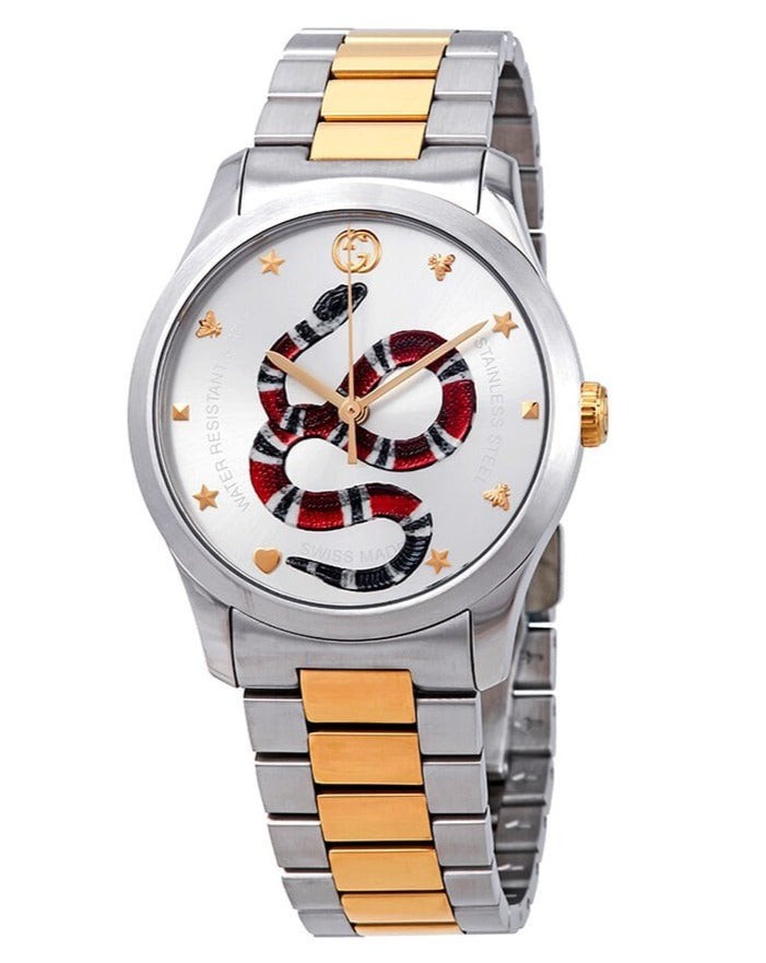 Gucci G-Timeless two-tone women's watch with silver dial and red and blue snake design