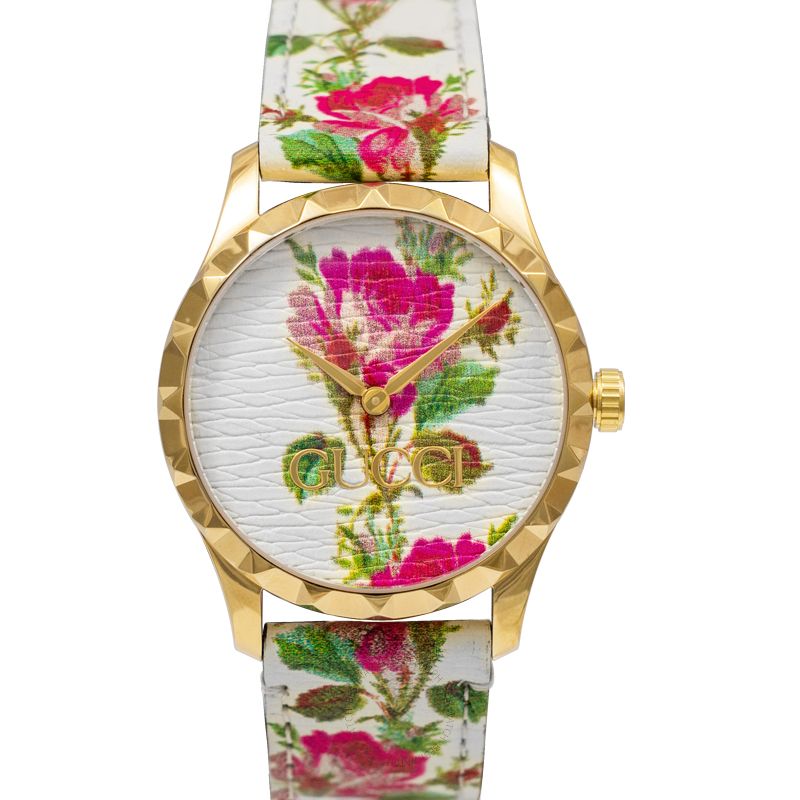 Gucci G Timeless floral watch with gold case and pink rose pattern dial