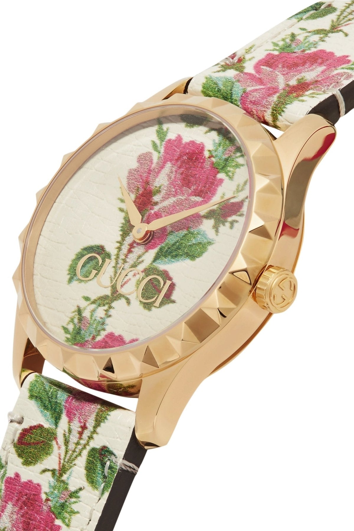 Side profile of Gucci G Timeless watch showing gold case thickness and floral strap