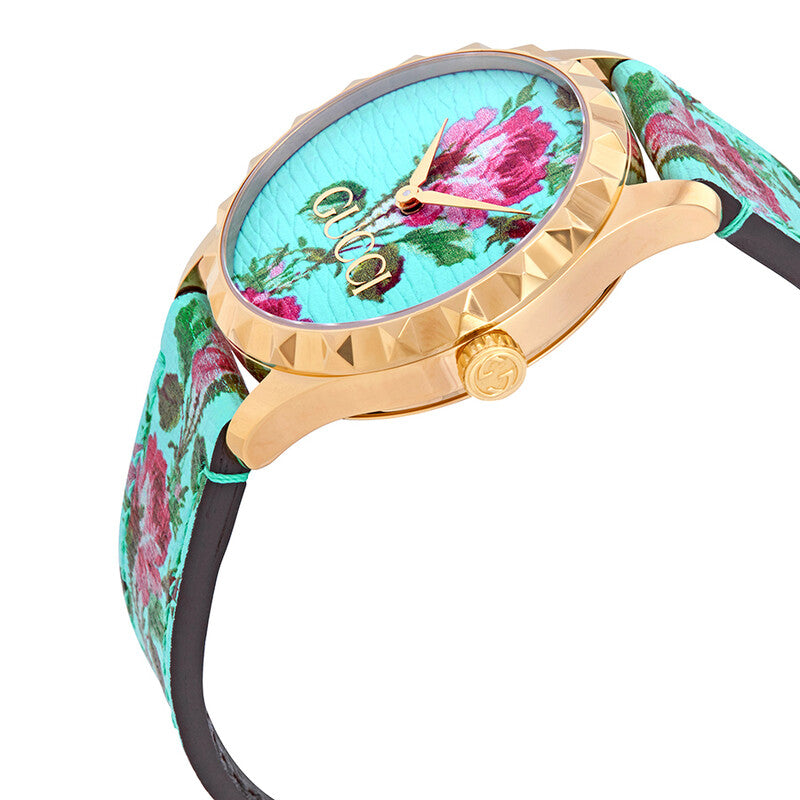 Gucci G-Timeless Aqua Floral Print Dial Leather Ladies Watch YA1264085