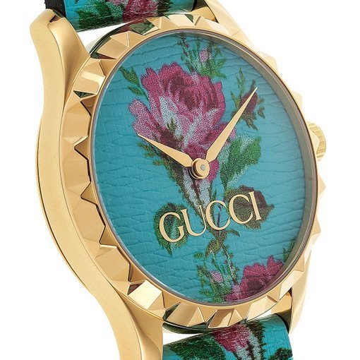 Gucci G-Timeless Aqua Floral Print Dial Leather Ladies Watch YA1264085
