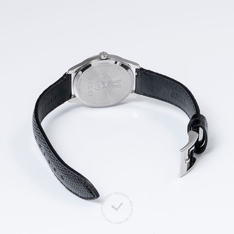Gucci G-Timeless watch caseback showing stainless steel back with Gucci engraving and black leather strap