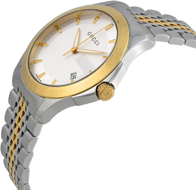 Side angle view of Gucci G Timeless watch showing two-tone case and strap with date window