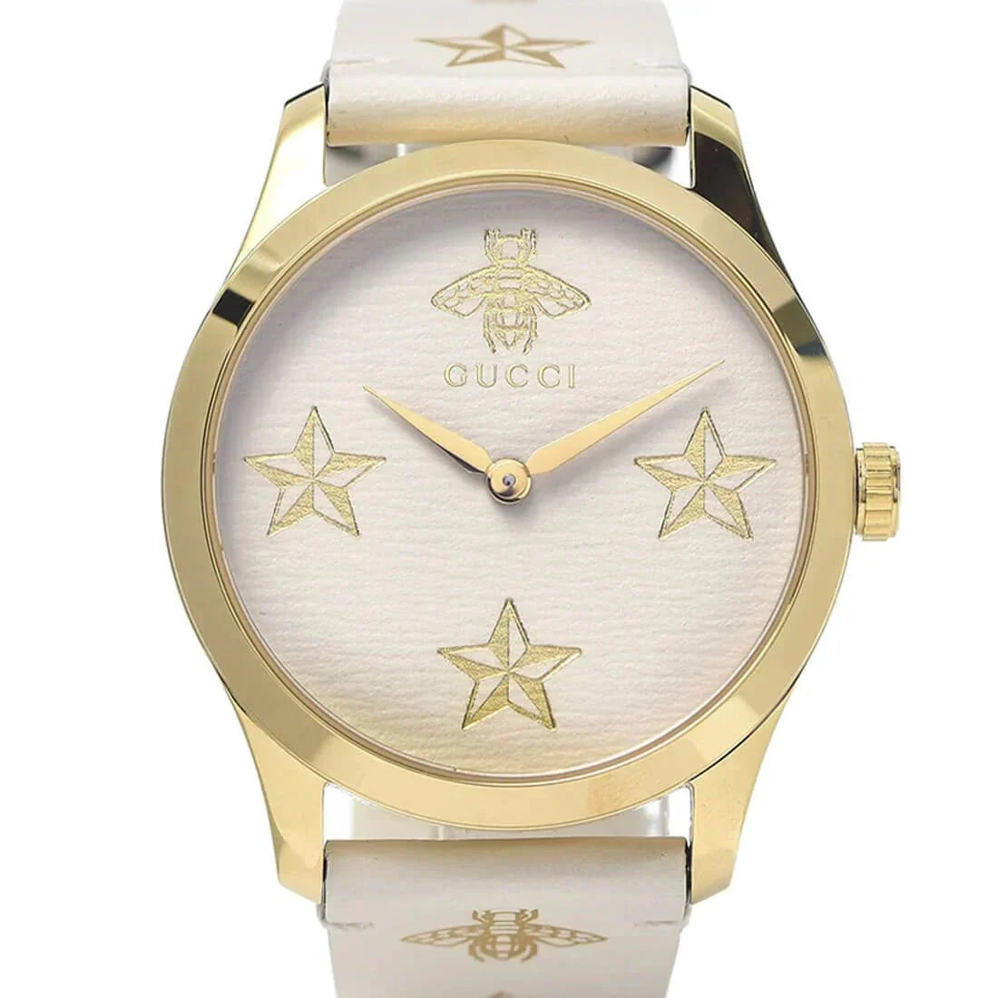 Gucci G-Timeless women's watch front display showing cream dial with gold star and bee details