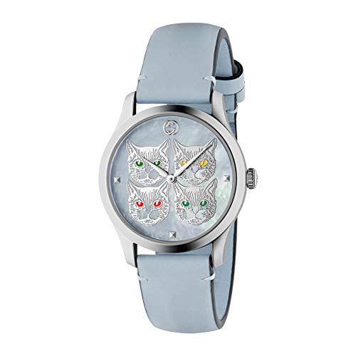 G-Timeless 38mm watch with cat face design and light blue leather strap